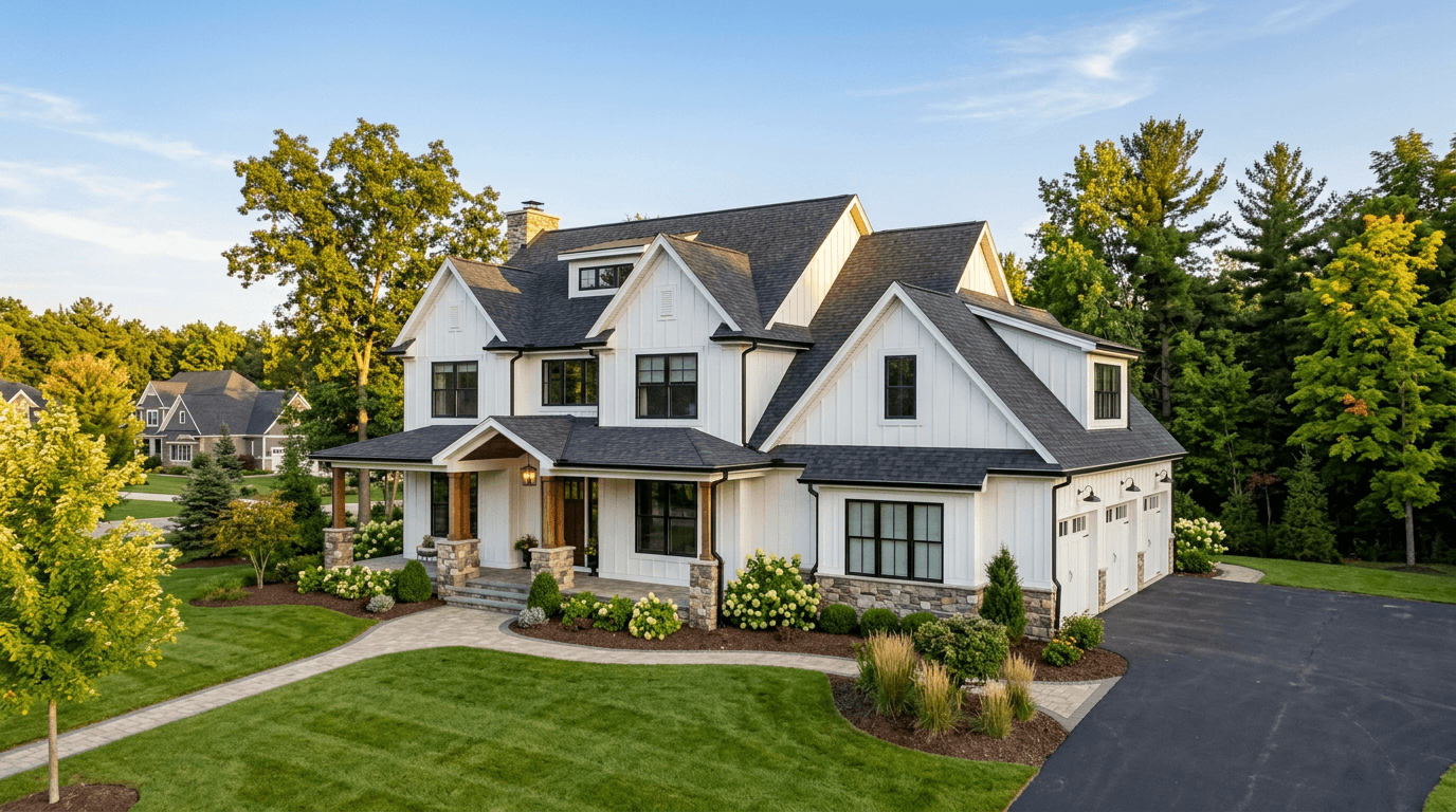 Two-story farmhouse-style home with white siding, a charcoal shingle roof, and black windows