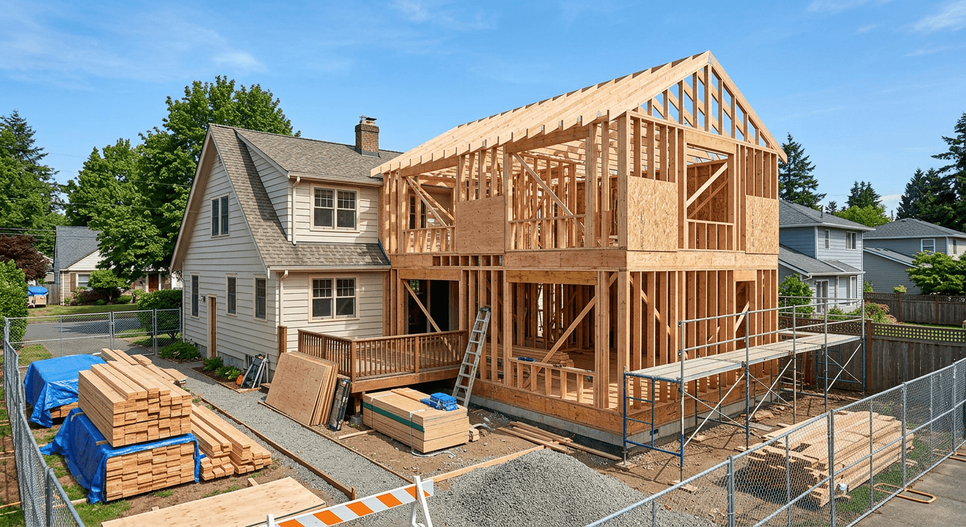 Wood framing for a home addition on an organized residential job site